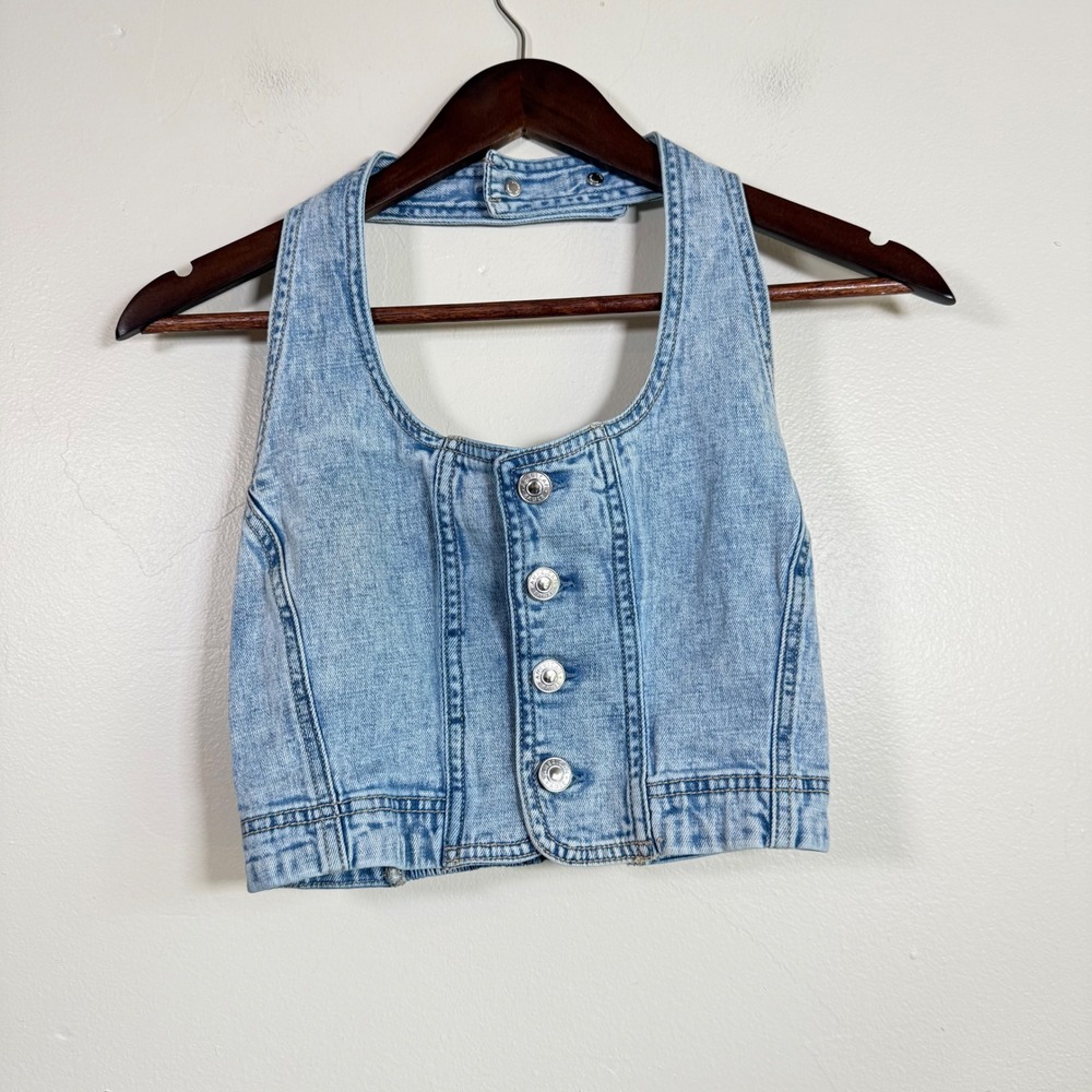 American Eagle Acid Wash Cropped Denim Halter Vest Top Size XS Light Blue